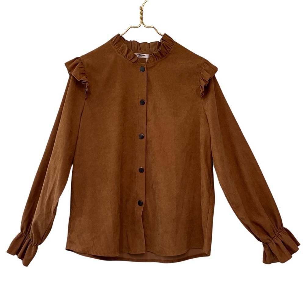 Zeagoo Camel Corduroy Ruffle Collar Snap Front Blouse Long Sleeve Top